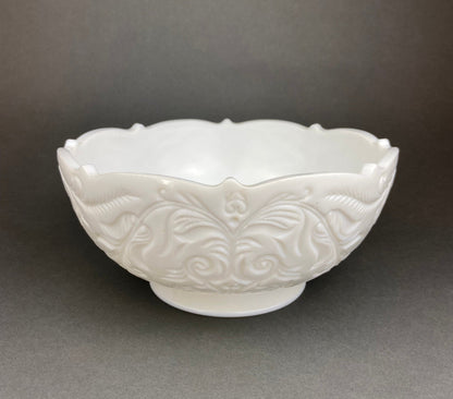 Milk Glass Serving Dishes.  Waffle Pattern Footed Bowl and Matching Butter Dish.  Scalloped Edge Design.  Modern Table Centerpieces. - Tampa Home & Garden Store