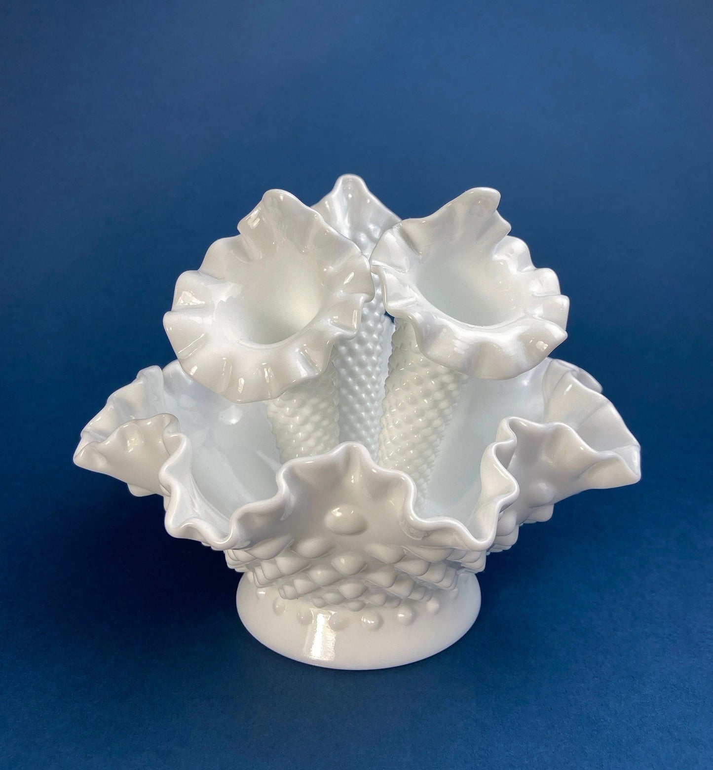 Milk Glass Three Horn Epergne Flower Vase. Fenton, Hobnail Vase & Bowl Combined. Table Centerpiece with Ruffled Rim. - Tampa Home & Garden Store