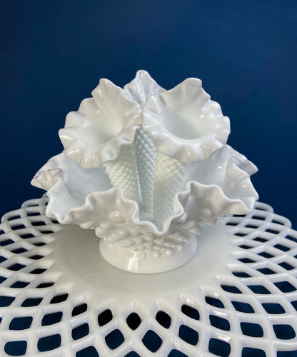 Milk Glass Three Horn Epergne Flower Vase. Fenton, Hobnail Vase & Bowl Combined. Table Centerpiece with Ruffled Rim. - Tampa Home & Garden Store