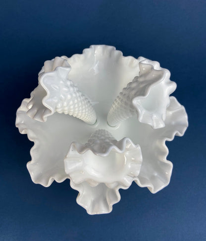 Milk Glass Three Horn Epergne Flower Vase. Fenton, Hobnail Vase & Bowl Combined. Table Centerpiece with Ruffled Rim. - Tampa Home & Garden Store