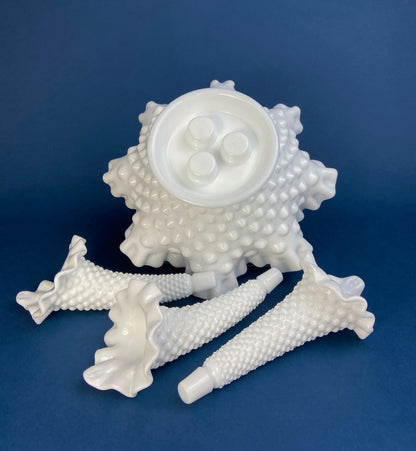 Milk Glass Three Horn Epergne Flower Vase. Fenton, Hobnail Vase & Bowl Combined. Table Centerpiece with Ruffled Rim. - Tampa Home & Garden Store