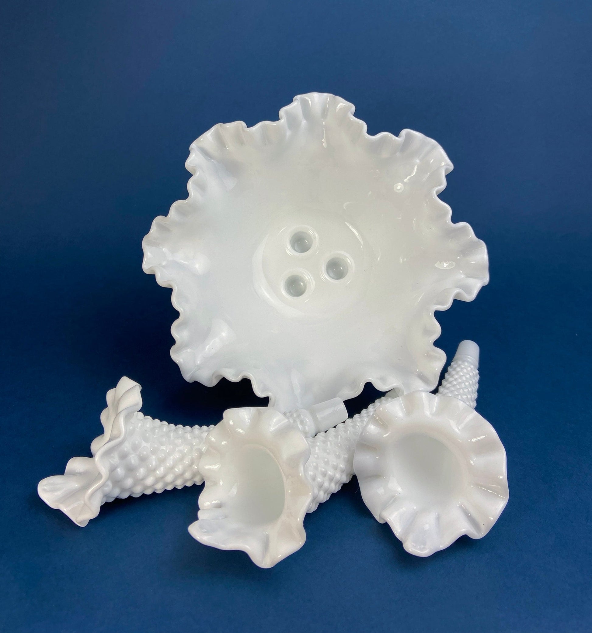 Milk Glass Three Horn Epergne Flower Vase. Fenton, Hobnail Vase & Bowl Combined. Table Centerpiece with Ruffled Rim. - Tampa Home & Garden Store
