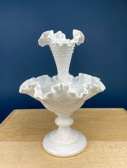 Milk Glass Three Horn Epergne Flower Vase. Fenton, Hobnail Vase & Bowl Combined. Table Centerpiece with Ruffled Rim. - Tampa Home & Garden Store