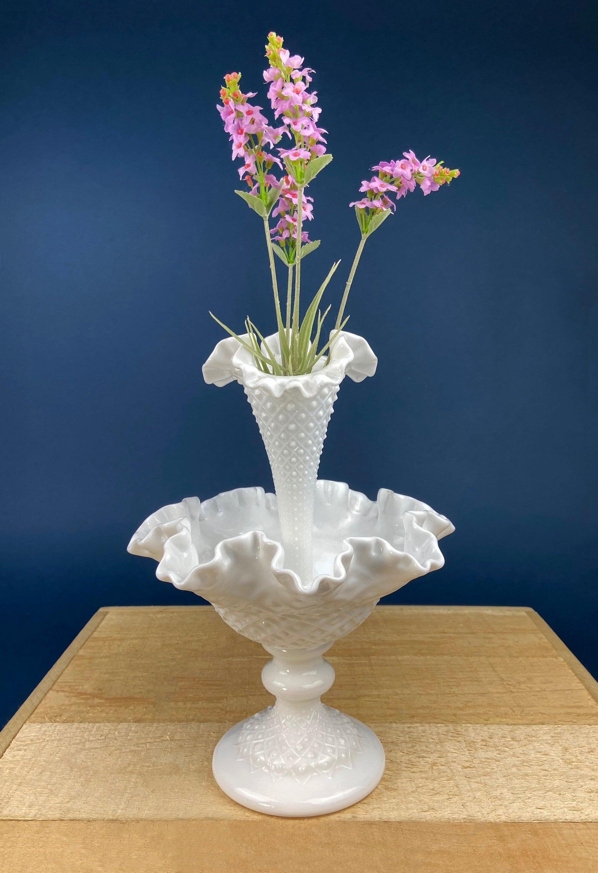Milk Glass Three Horn Epergne Flower Vase. Fenton, Hobnail Vase & Bowl Combined. Table Centerpiece with Ruffled Rim. - Tampa Home & Garden Store