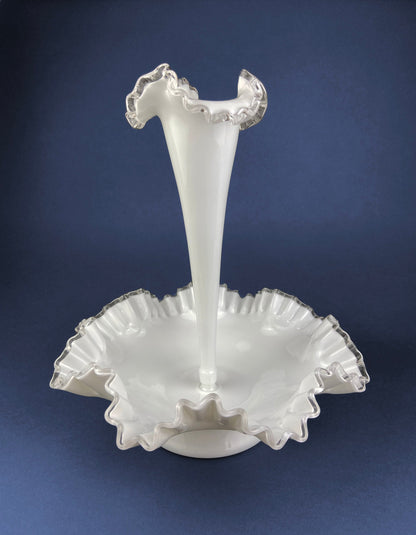 Milk Glass Three Horn Epergne Flower Vase. Fenton, Hobnail Vase & Bowl Combined. Table Centerpiece with Ruffled Rim. - Tampa Home & Garden Store