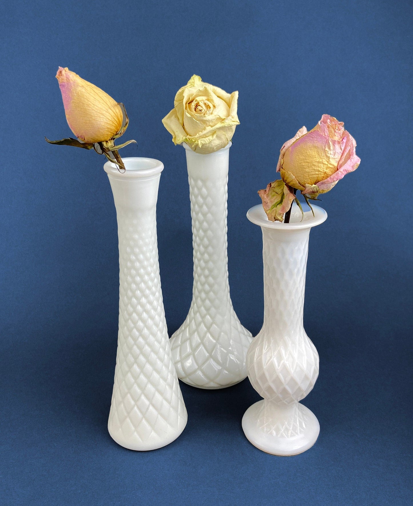 Milk Glass Vases. Collection of Three Differently Quilted & Shaped Flower Vases. Wedding Decor. Spring Celebration. White Fine Dining. Finie - Tampa Home & Garden Store