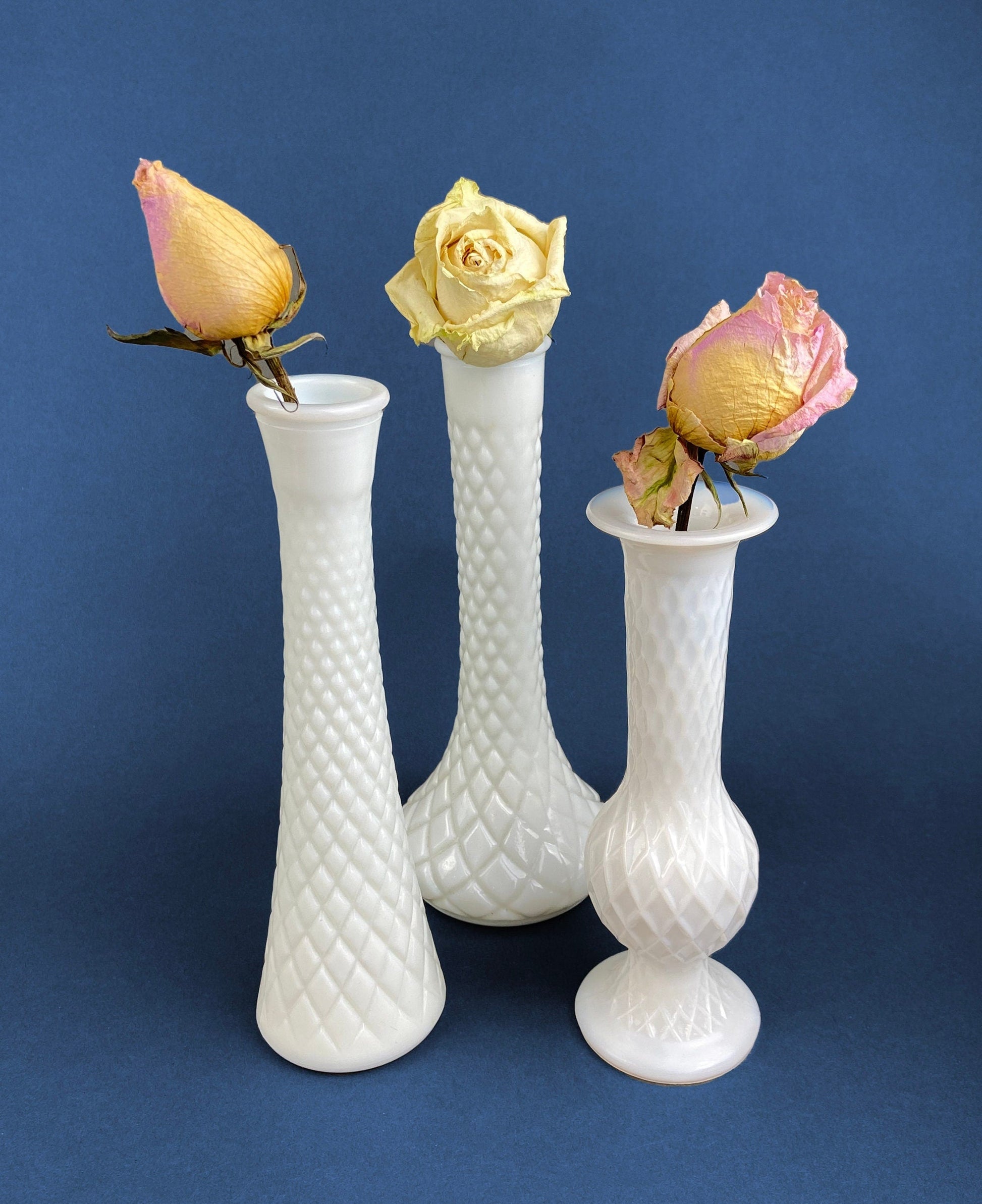 Milk Glass Vases. Collection of Three Differently Quilted & Shaped Flower Vases. Wedding Decor. Spring Celebration. White Fine Dining. Finie - Tampa Home & Garden Store