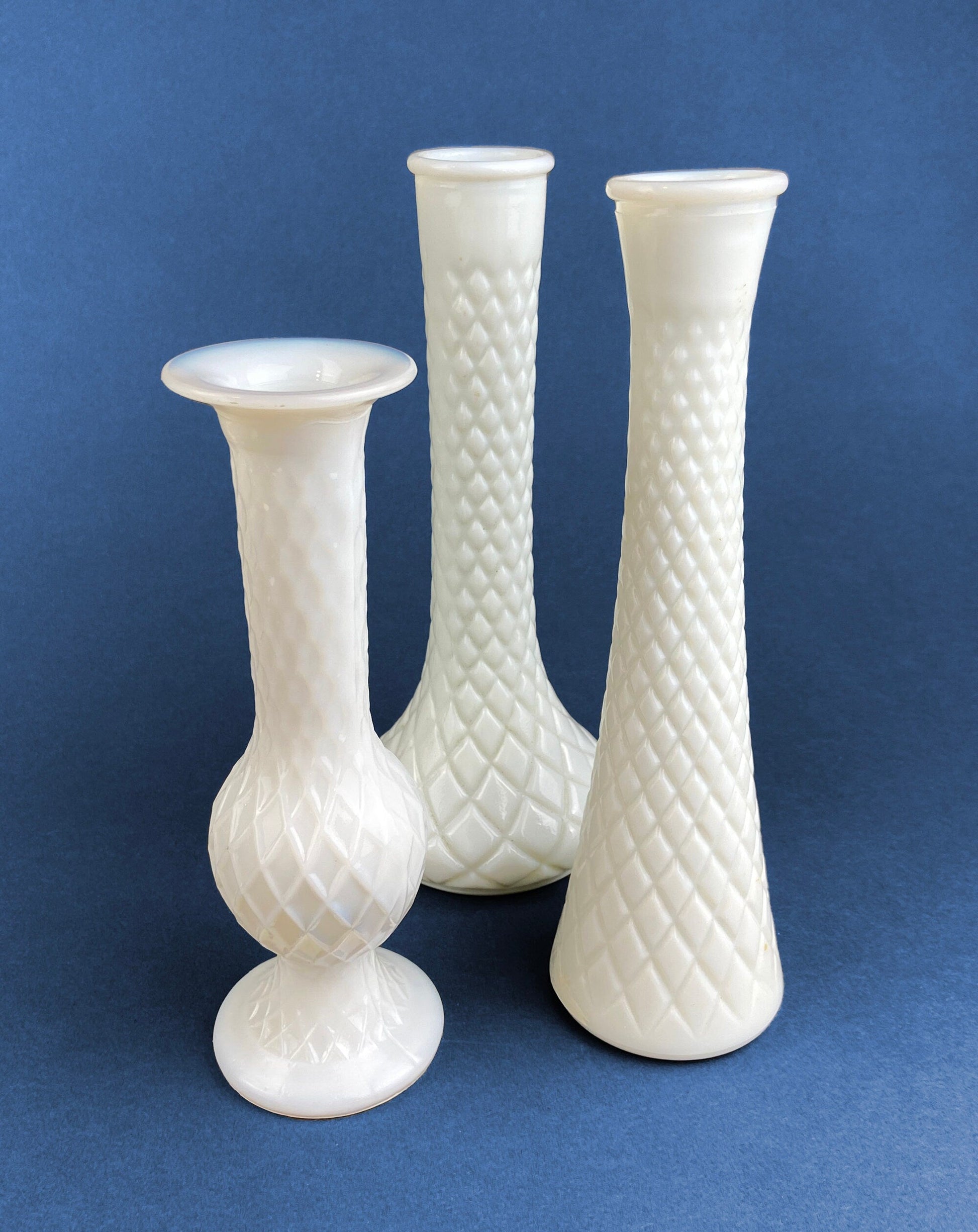 Milk Glass Vases. Collection of Three Differently Quilted & Shaped Flower Vases. Wedding Decor. Spring Celebration. White Fine Dining. Finie - Tampa Home & Garden Store