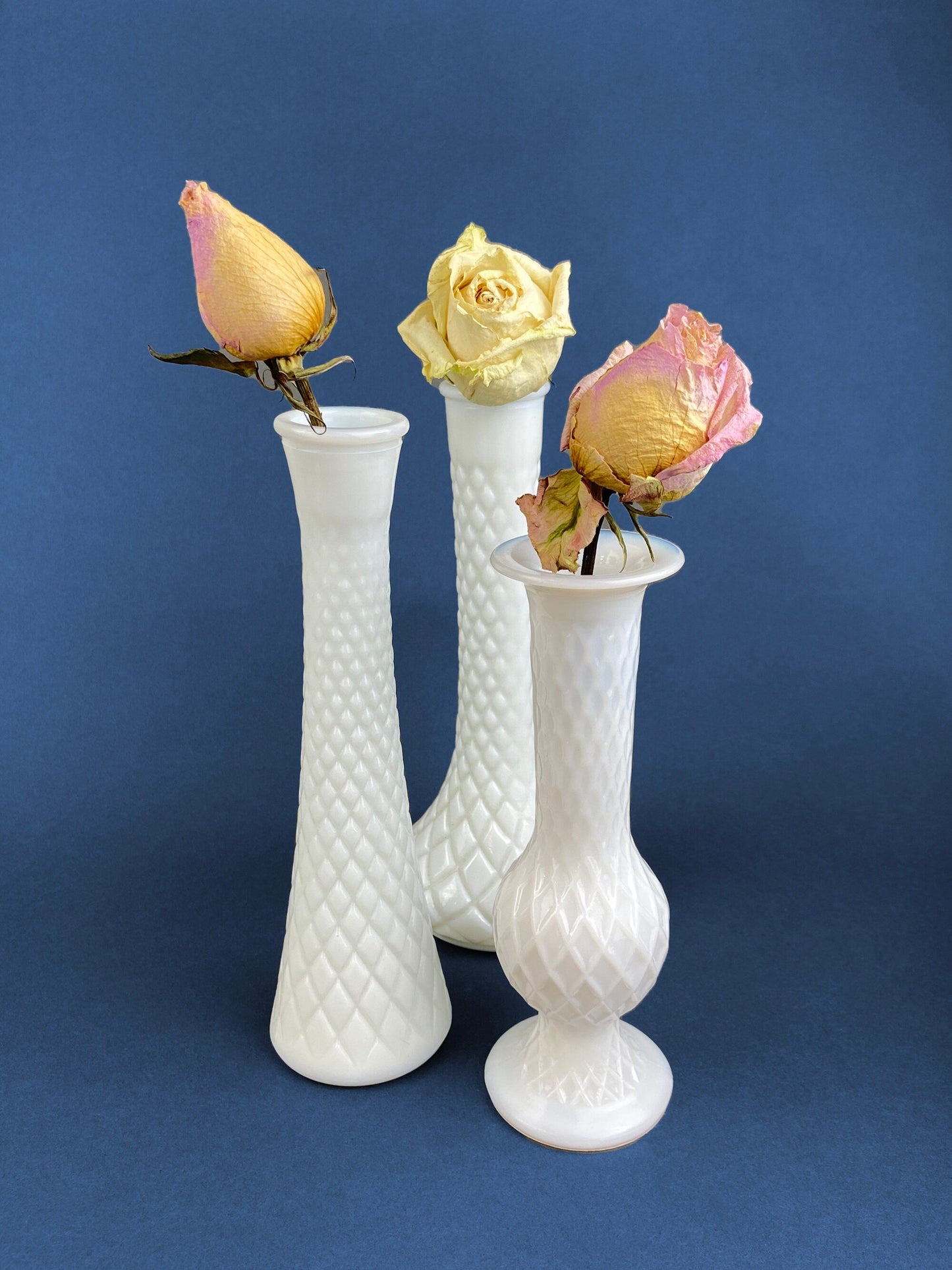 Milk Glass Vases. Collection of Three Differently Quilted & Shaped Flower Vases. Wedding Decor. Spring Celebration. White Fine Dining. Finie - Tampa Home & Garden Store