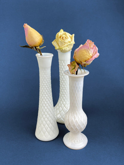 Milk Glass Vases. Collection of Three Differently Quilted & Shaped Flower Vases. Wedding Decor. Spring Celebration. White Fine Dining. Finie - Tampa Home & Garden Store