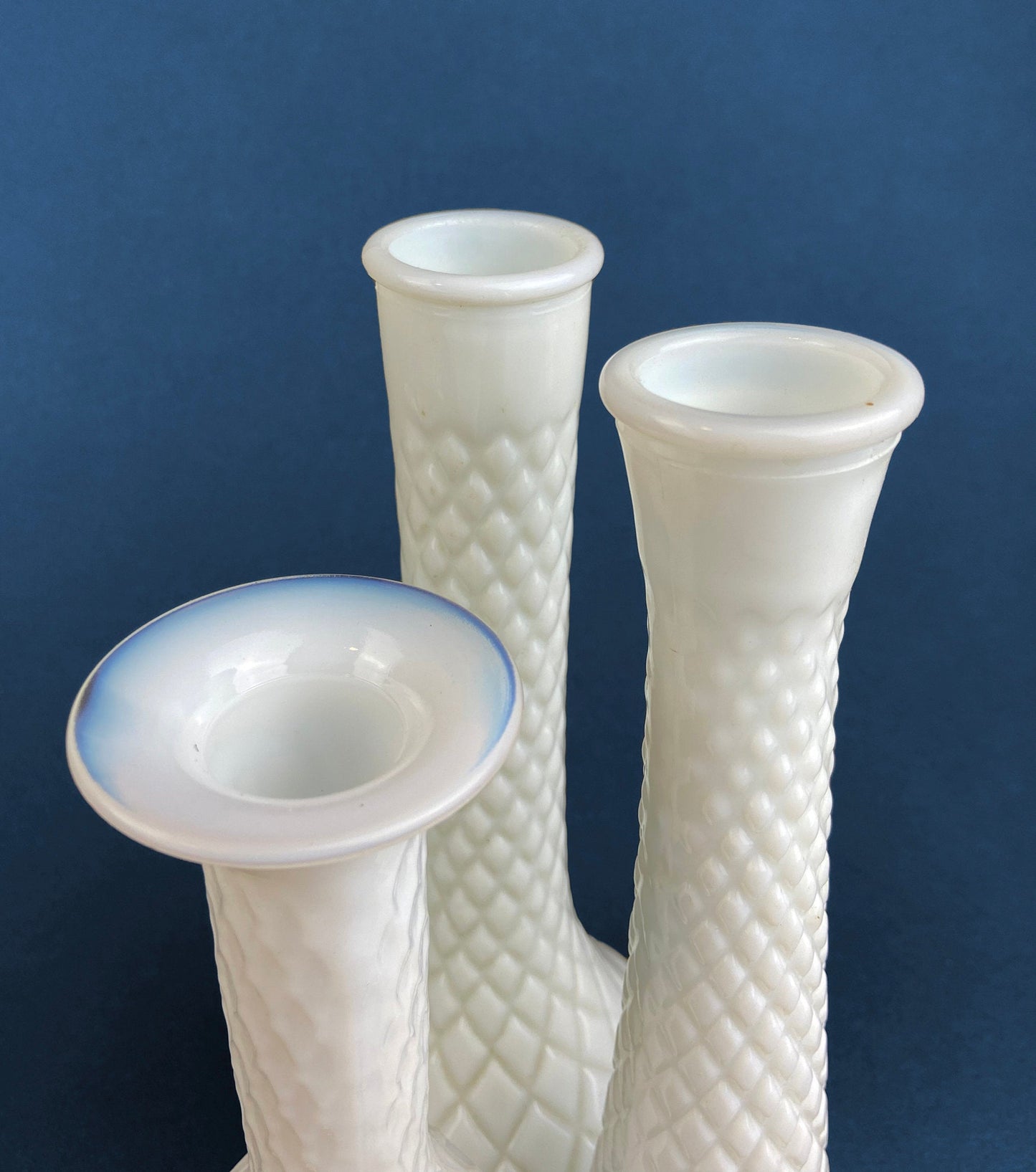 Milk Glass Vases. Collection of Three Differently Quilted & Shaped Flower Vases. Wedding Decor. Spring Celebration. White Fine Dining. Finie - Tampa Home & Garden Store