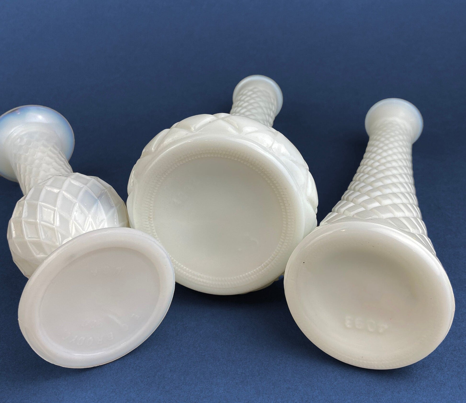 Milk Glass Vases. Collection of Three Differently Quilted & Shaped Flower Vases. Wedding Decor. Spring Celebration. White Fine Dining. Finie - Tampa Home & Garden Store