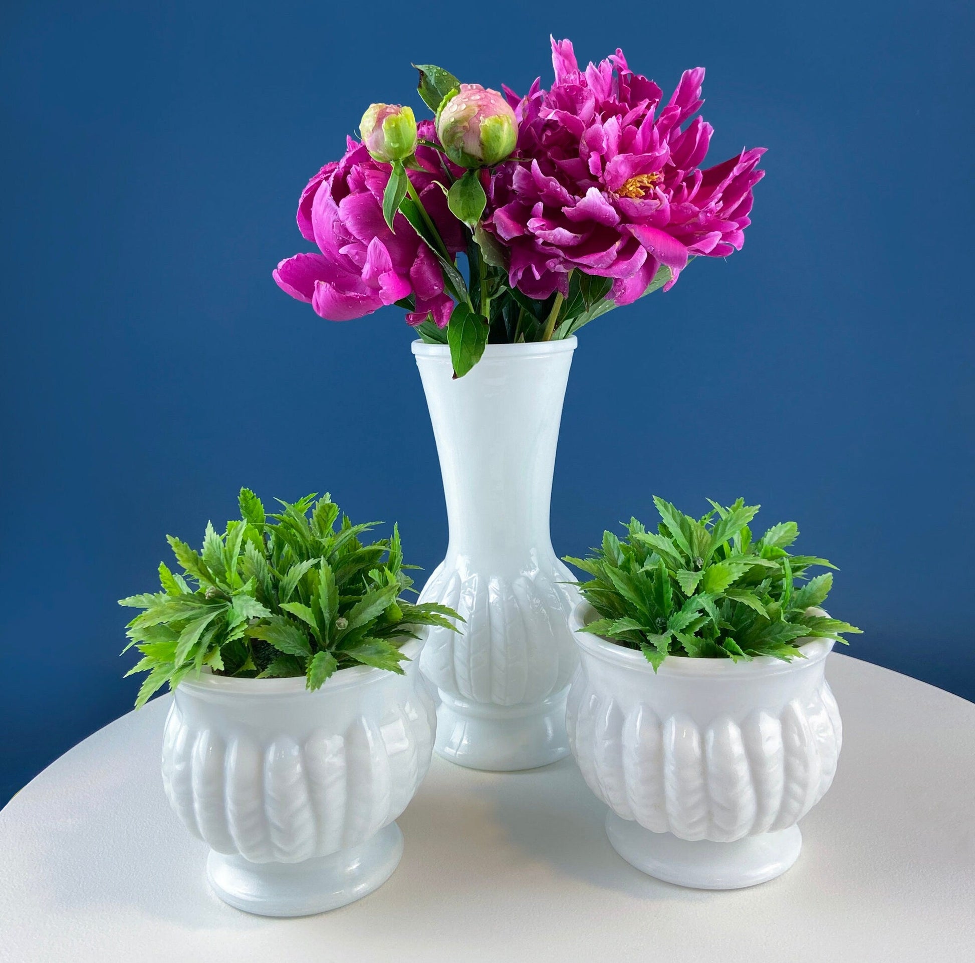 Milk Glass Wheat Design Vase and Planters. Set of Three Differently Shaped Vases. White Herb Planters. Home Decor. Window Sill Garden. - Tampa Home & Garden Store