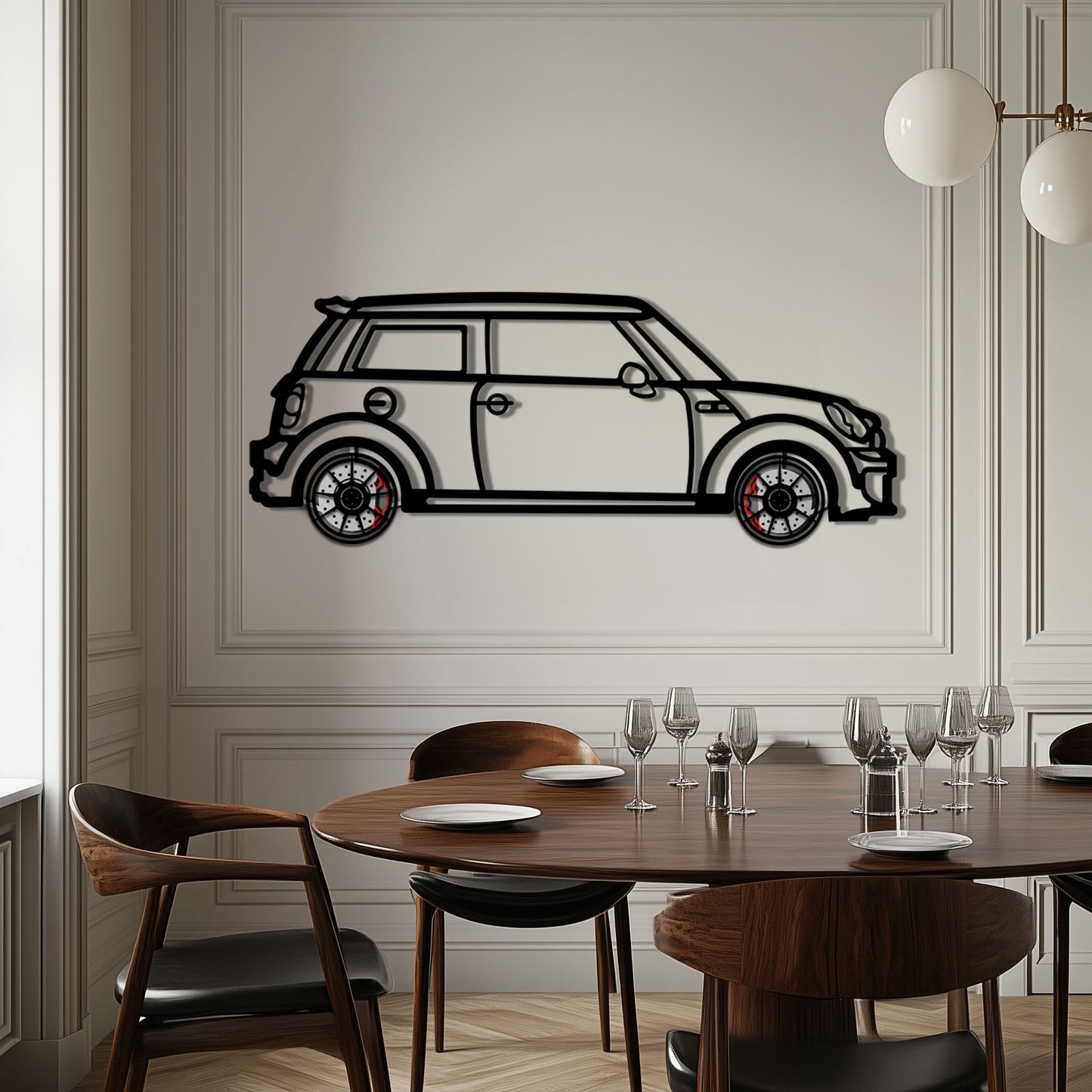 Mini Cooper Metal Car Wall Art with Rotating Wheels - Iconic British Compact Silhouette - Interactive Automotive Wall Decor - KAFMEKA151 - Tampa Home & Garden Store