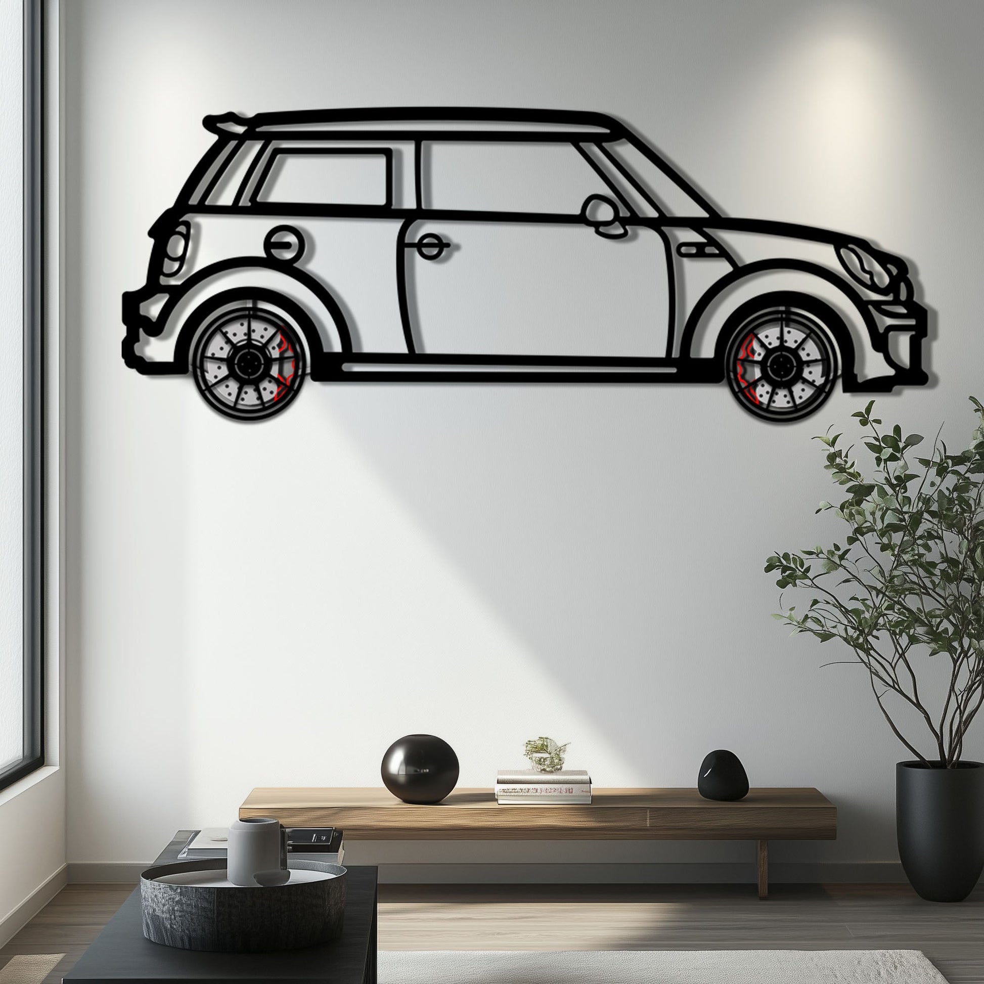 Mini Cooper Metal Car Wall Art with Rotating Wheels - Iconic British Compact Silhouette - Interactive Automotive Wall Decor - KAFMEKA151 - Tampa Home & Garden Store