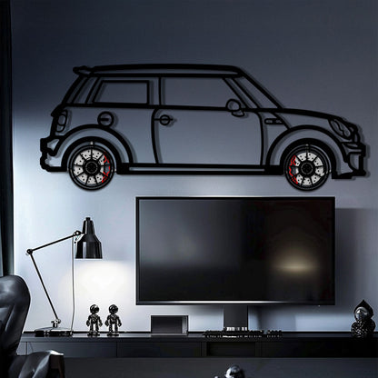 Mini Cooper Metal Car Wall Art with Rotating Wheels - Iconic British Compact Silhouette - Interactive Automotive Wall Decor - KAFMEKA151 - Tampa Home & Garden Store