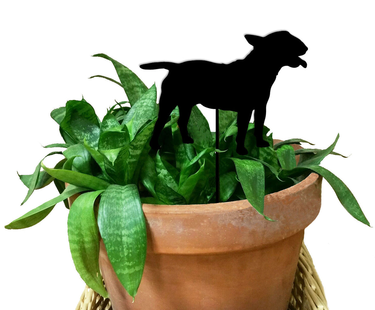 Bull Terrier Plant Stake black silhouette in a terracotta pot by Rustica Ornamentals on Tampa Home & Garden Store