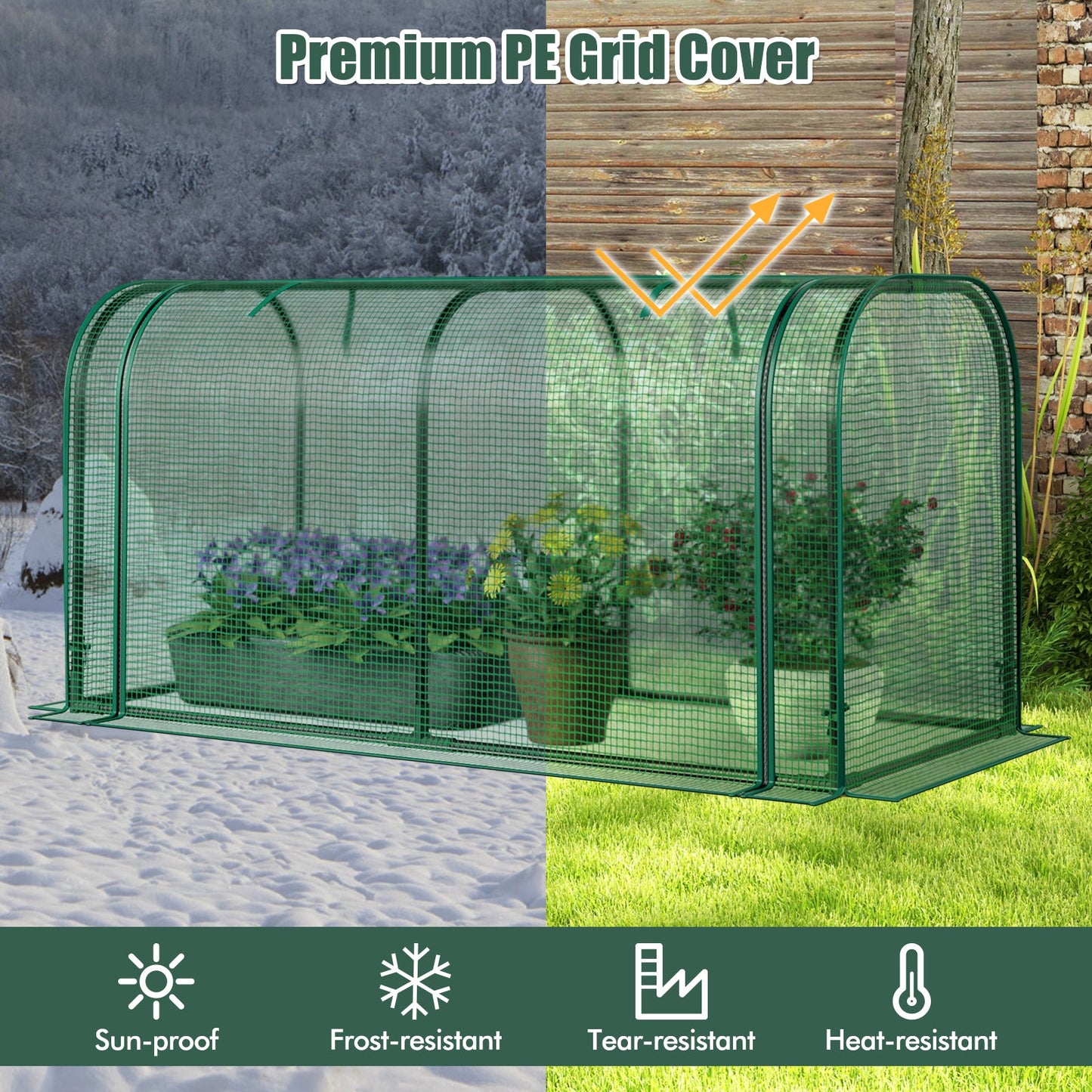 Mini Tunnel Greenhouse with Roll-up Zipper Door-Green