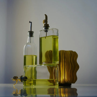 Mini Wavy Lamp for Ambient Atmosphere by Wooj Design; green bottle-base lamp with brass hardware on Tampa Home & Garden Store