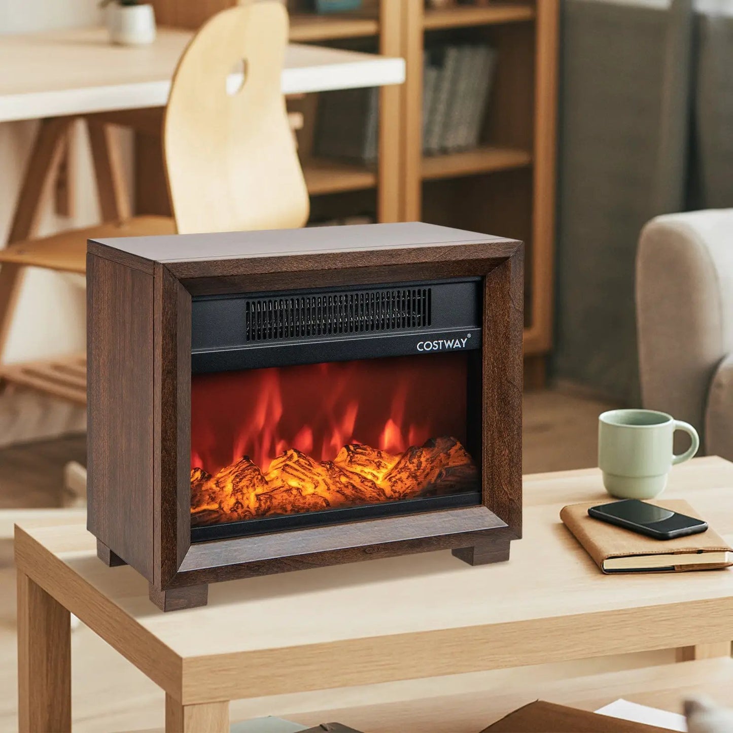 Mini Wooden Space Tabletop Fireplace with Flame