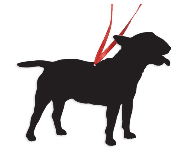 Bull Terrier Plant Stake, black silhouette with red hanging cord, by Rustica Ornamentals on Tampa Home & Garden Store