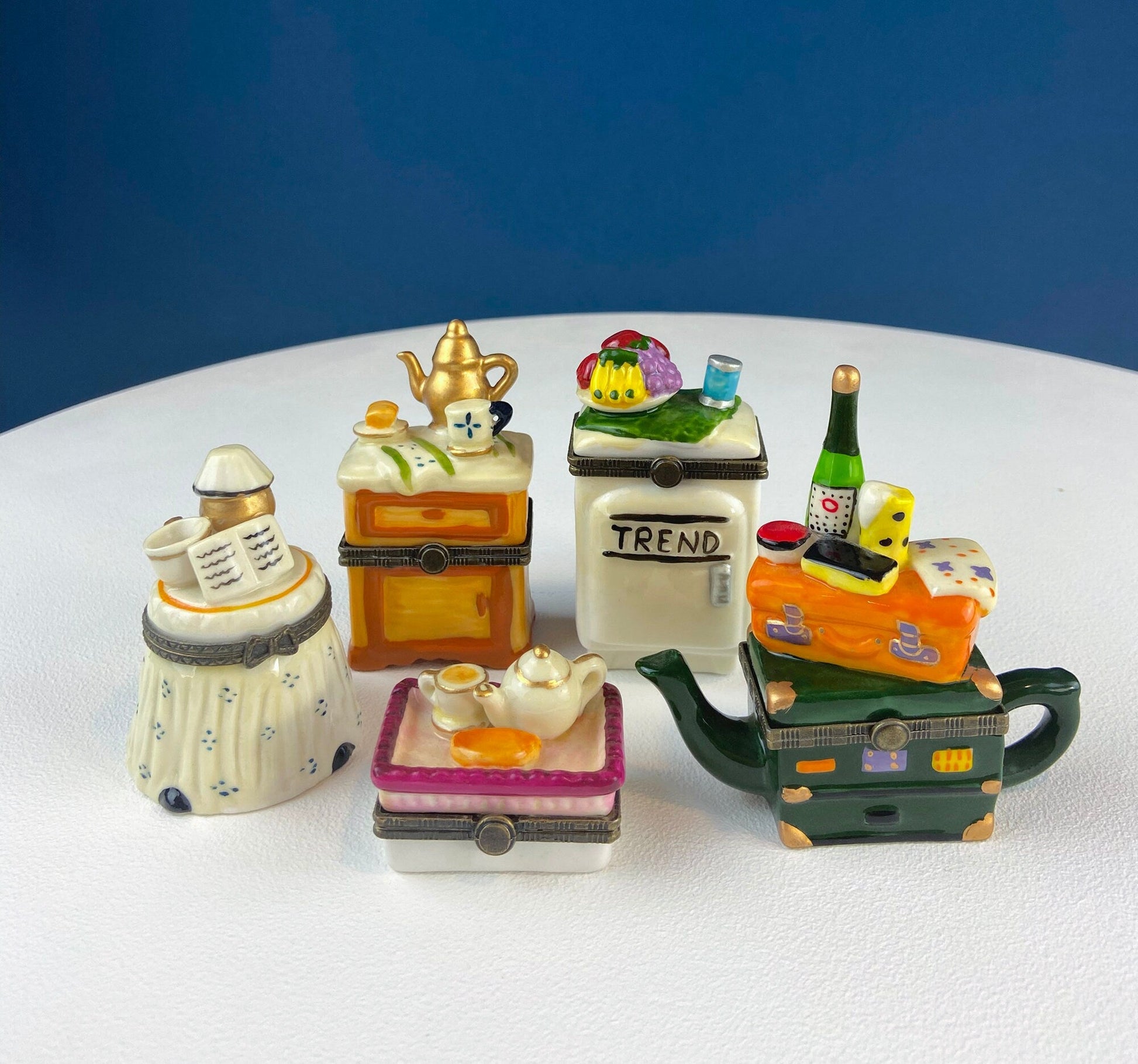 Miniature Porcelain Pill Boxes Shaped Like Dining Vignettes. Collection of 5. Hand Painted Collectible Ring Boxes. Gift for Her. - Tampa Home & Garden Store