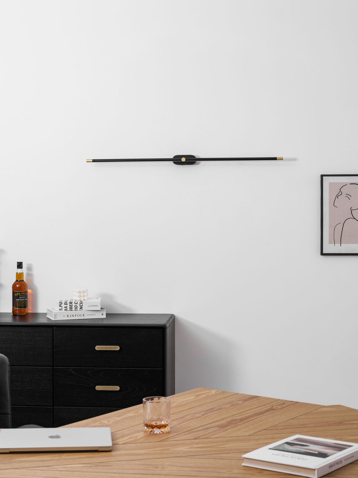 Rechargeable linear LED wall lamp by Moktan Sabai, black bar mounted on white wall on Tampa Home & Garden Store