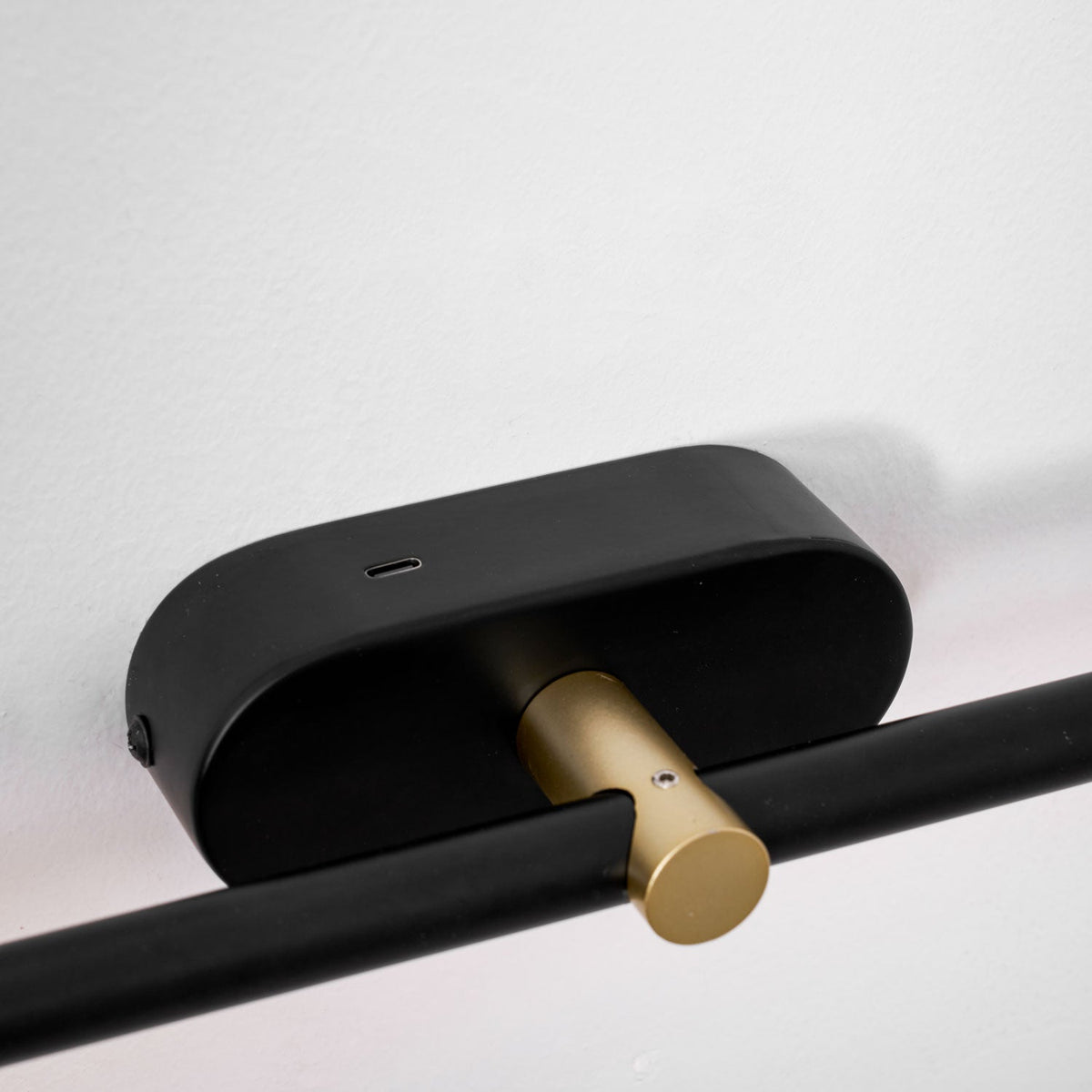 Rechargeable LED wall lamp Moktan Sabai with black metal housing and brass hinge on Tampa Home & Garden Store