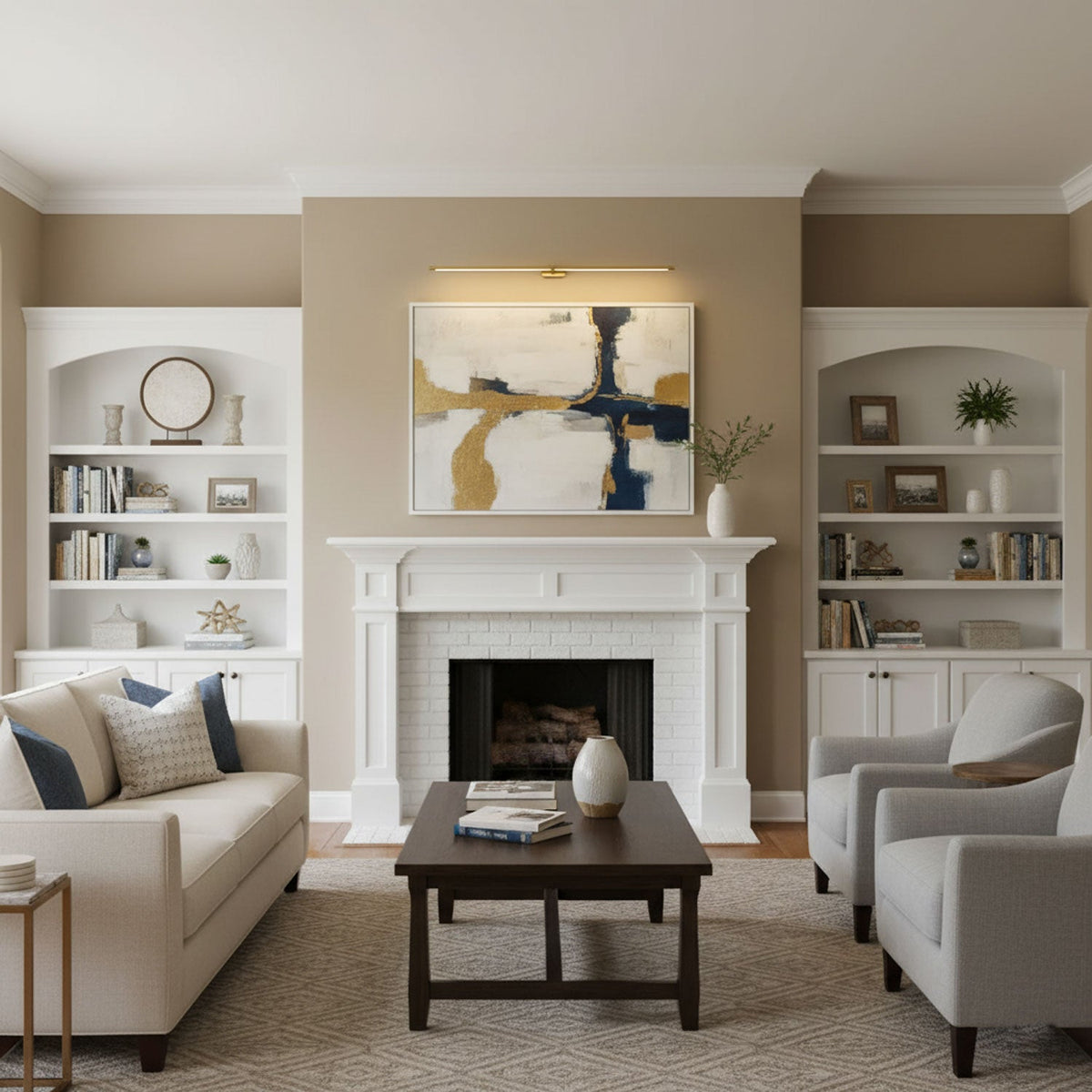 Rechargeable linear LED wall lamp with remote, cordless mirror light in gold over mantel on Tampa Home & Garden Store