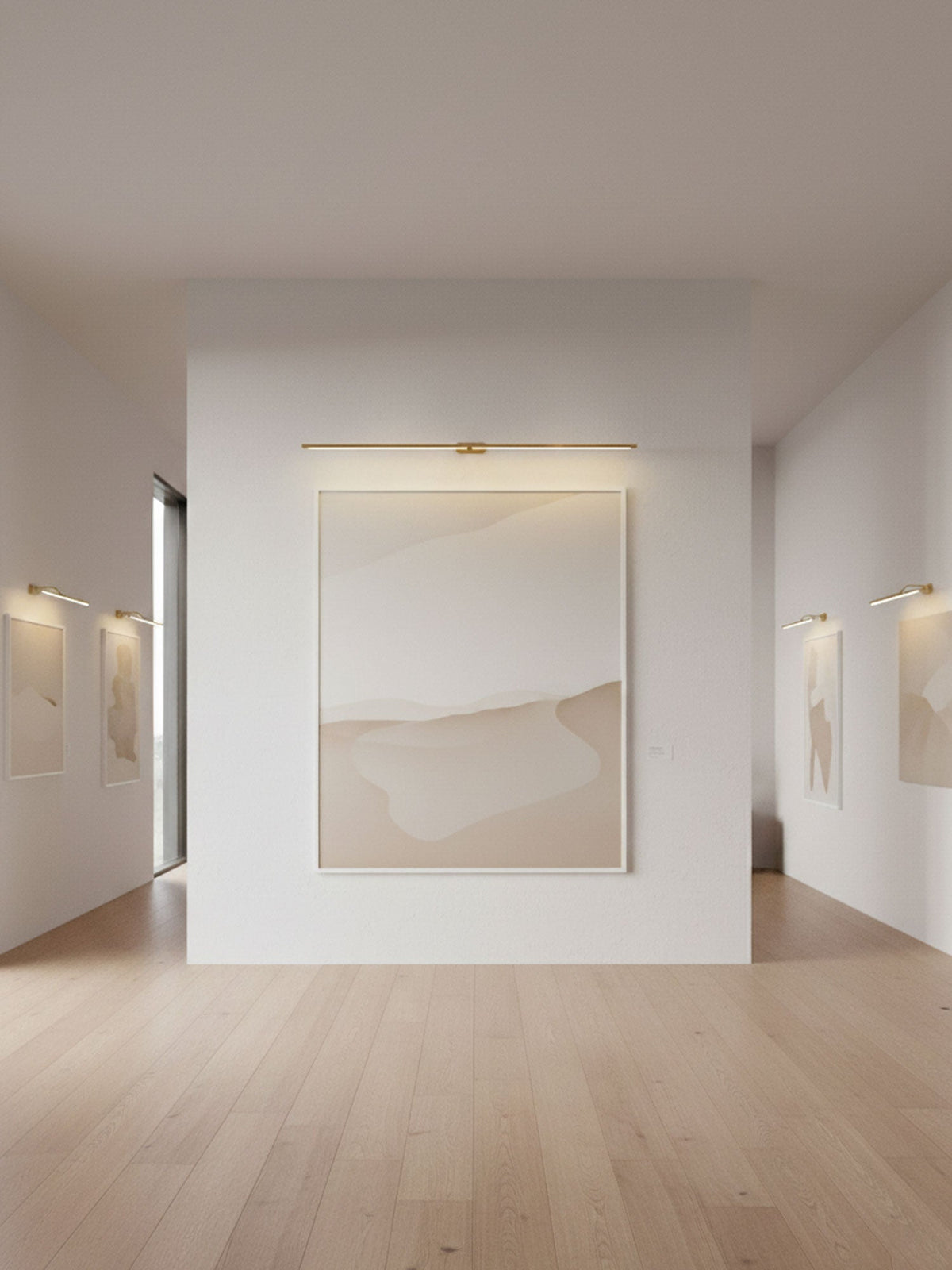 Rechargeable linear LED wall lamp with remote in goldtone, cordless mirror light above artwork on Tampa Home & Garden Store
