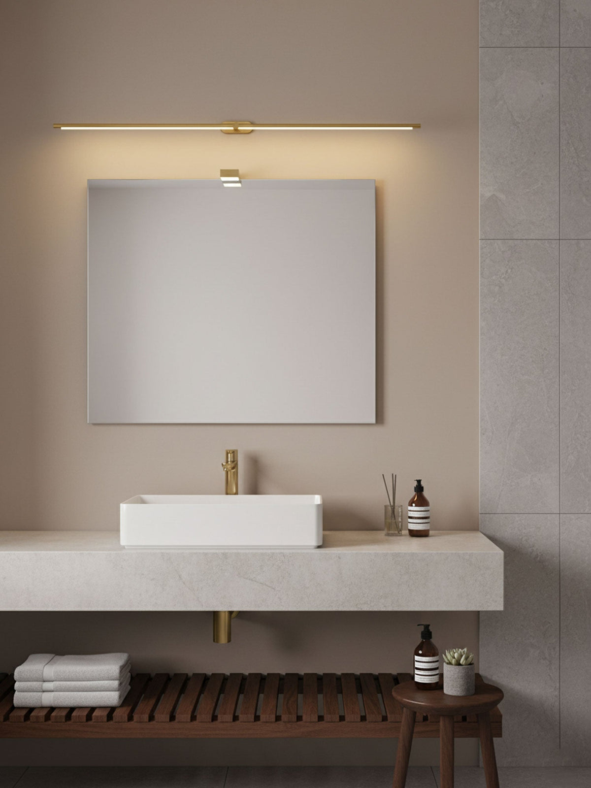 Rechargeable cordless LED wall lamp with remote control Moktan Sabai brass finish above mirror on Tampa Home & Garden Store