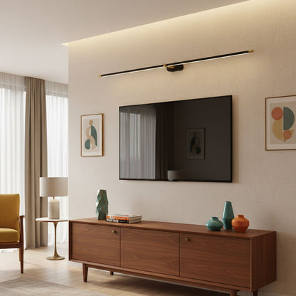 Rechargeable Moktan Sabai linear LED wall lamp with remote; cordless black bar with brass ends on Tampa Home & Garden Store