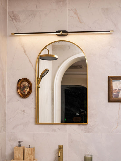 Rechargeable linear LED wall lamp with remote, black bar with brass ends over bathroom mirror on Tampa Home & Garden Store