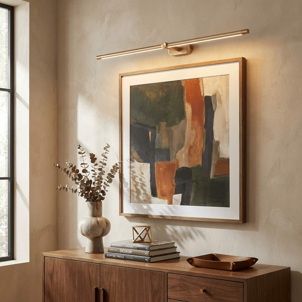 Rechargeable linear LED wall lamp with remote by Moktan Sabai in brass finish above art on Tampa Home & Garden Store