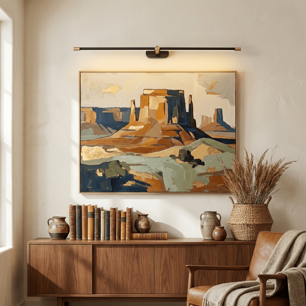 Rechargeable LED wall lamp with remote in black brass by Moktan Sabai above framed art on Tampa Home & Garden Store