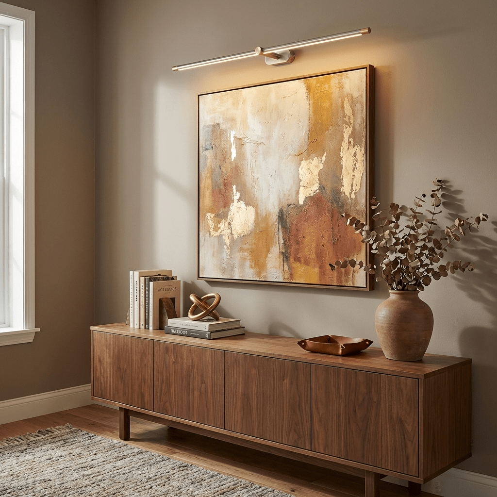 Rechargeable linear LED wall lamp with remote control, warm white light above a wood console on Tampa Home & Garden Store