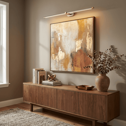Rechargeable linear LED wall lamp with remote control, warm white light above a wood console on Tampa Home & Garden Store
