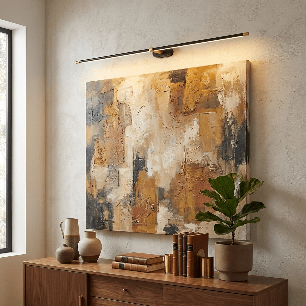 Rechargeable black metal linear LED wall light with remote control above abstract painting on Tampa Home & Garden Store