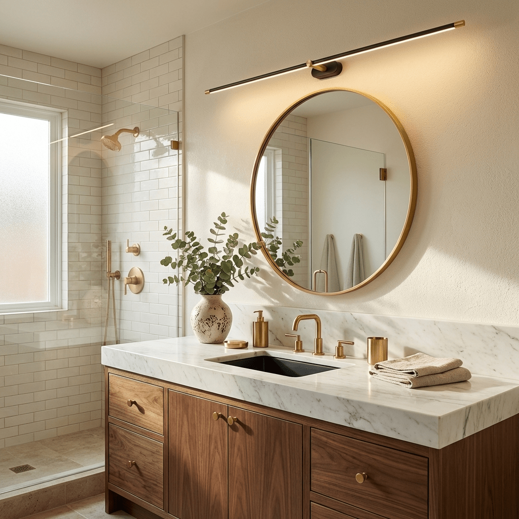 Rechargeable Linear LED Wall Lamp with Remote Control over wooden mirror in marble bathroom on Tampa Home & Garden Store