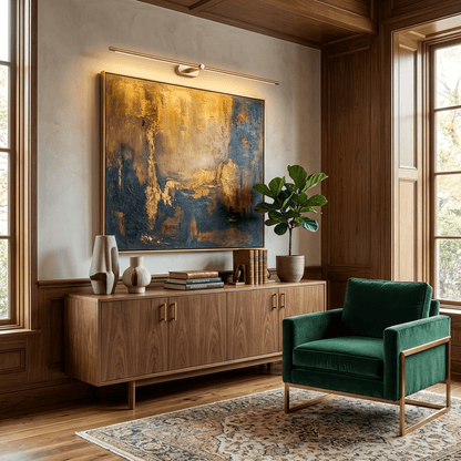 Moktan Sabai Rechargeable Linear LED Wall Lamp with remote, brass finish above abstract artwork on Tampa Home & Garden Store