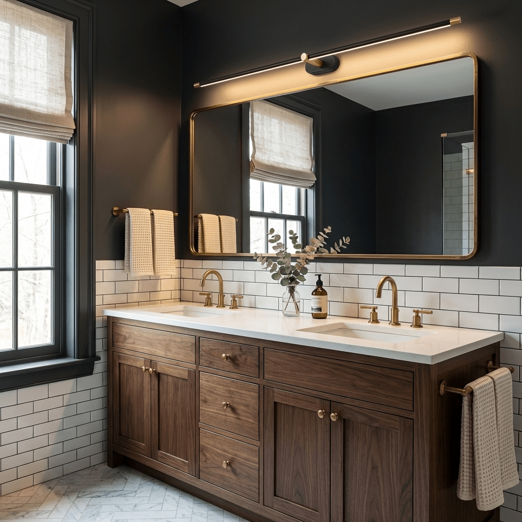 Rechargeable linear LED wall lamp with remote in black with brass ends above a mirror on Tampa Home & Garden Store