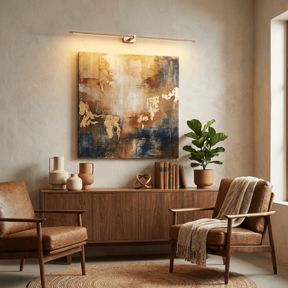 Rechargeable linear LED wall lamp with remote by Moktan Sabai, brass finish over art in room on Tampa Home & Garden Store