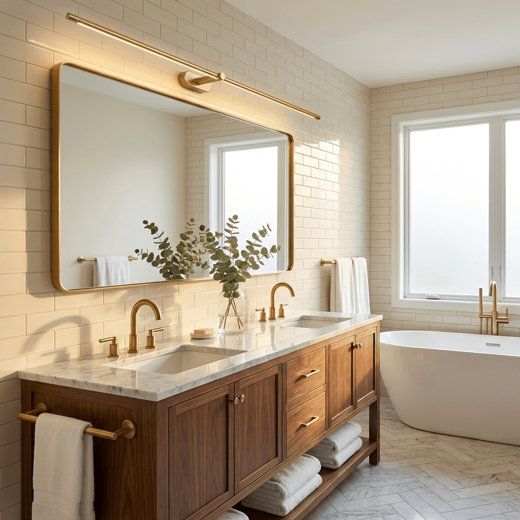 Rechargeable Linear LED Wall Lamp in brass finish mounted above a large bathroom mirror on Tampa Home & Garden Store