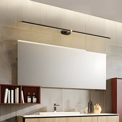 Rechargeable linear LED wall lamp with remote, black bar with gold ends above a bathroom mirror on Tampa Home & Garden Store