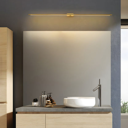 Rechargeable linear LED wall lamp brass finish mounted above a modern bathroom vanity on Tampa Home & Garden Store