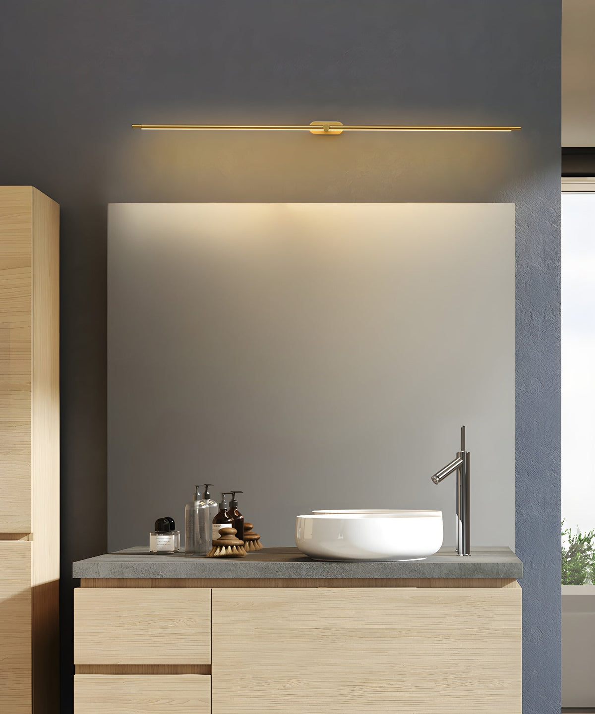 Rechargeable Linear LED Wall Lamp with Remote Control Moktan Sabai, brass bar wallmount on Tampa Home & Garden Store