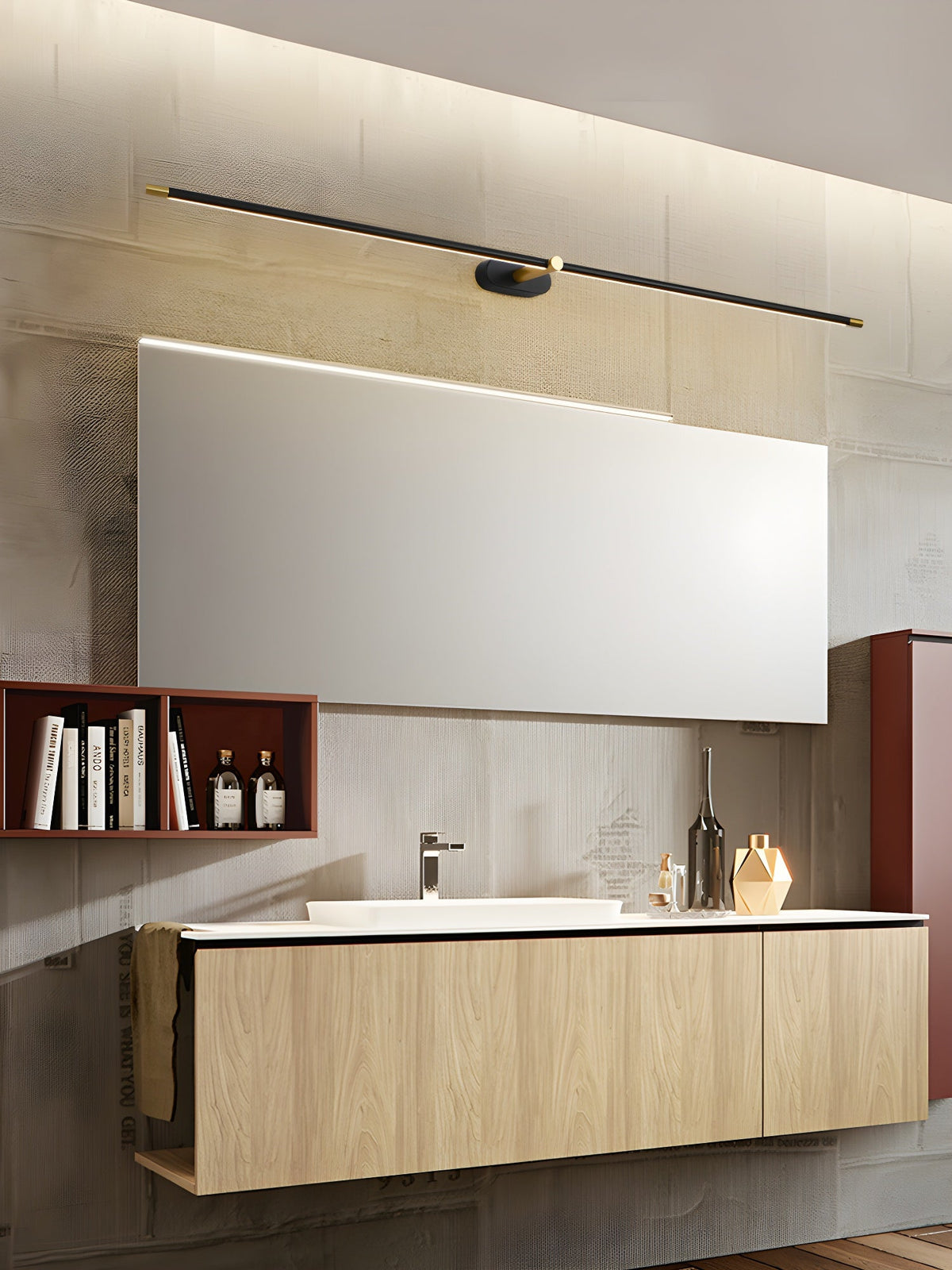 Rechargeable linear LED wall lamp by Moktan Sabai, remote black bar with ends over mirror on Tampa Home & Garden Store