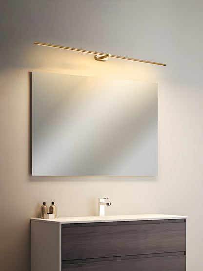 Rechargeable linear LED wall lamp with remote control, cordless mirror light in gold finish above mirror on Tampa Home & Garden Store