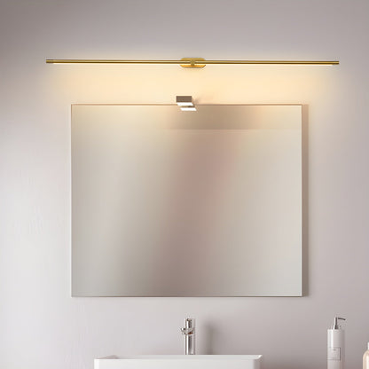 Moktan Sabai rechargeable linear LED wall lamp with remote, brass bar light above frosted mirror on Tampa Home & Garden Store