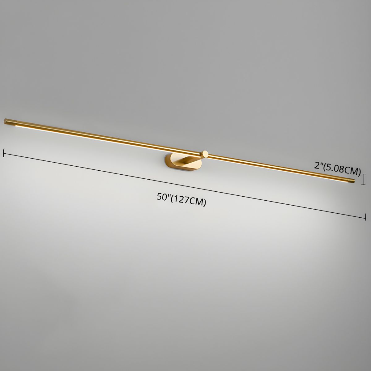 Moktan Sabai gold linear LED wall lamp slender bar mounted on curved bracket, 50in long, 2in high on Tampa Home & Garden Store